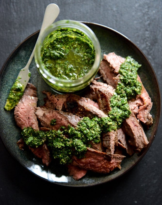 Garlic Brown Sugar Flank Steak with Chimichurri I howsweeteats.com
