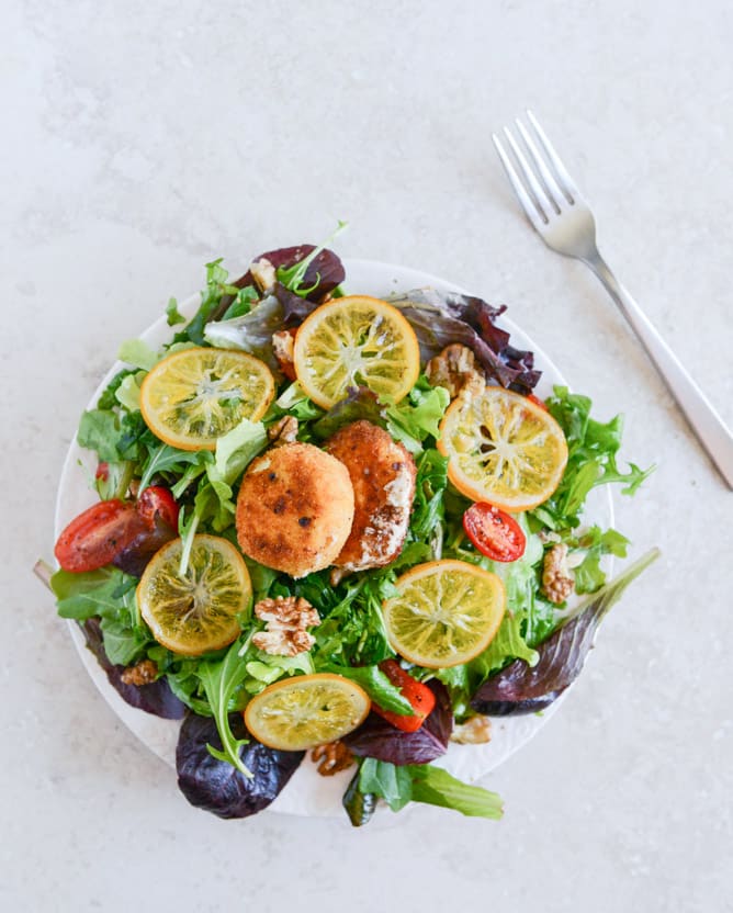 Spring Greens with Candied Meyer Lemons and Spicy Fried Goat Cheese I howsweeteats.com