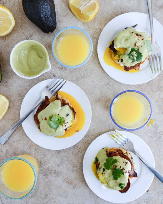 Sweet Corn Cake Eggs Benedict with Avocado Hollandaise I howsweeteats.com Sweet Corn Cake Eggs Benedict with Avocado Hollandaise I howsweeteats.com
