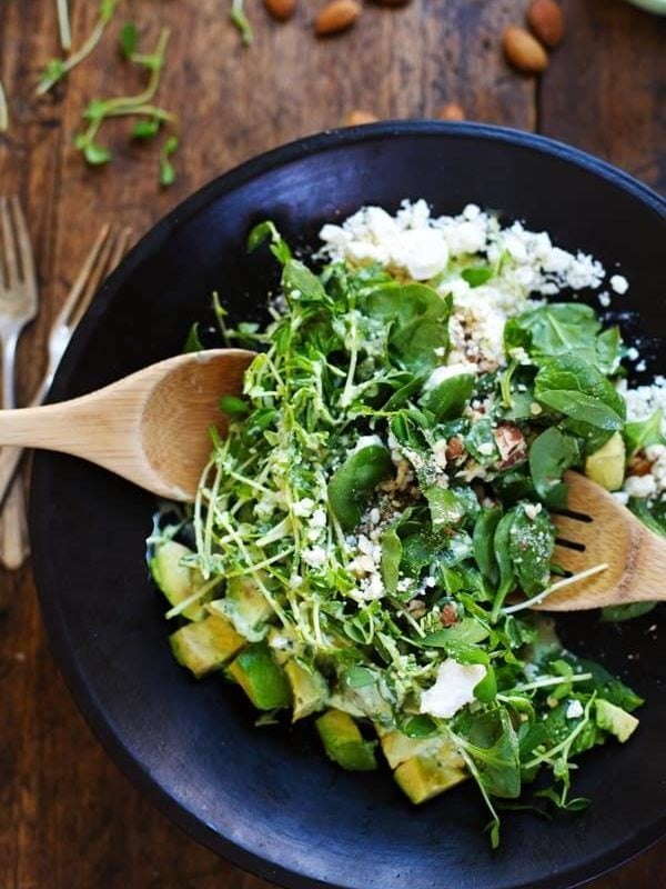 Green Goddess Detox Salad - avocado, almonds, spinach, pea shoots, and healthy homemade Green Goddess dressing. Healthy + yummy. | pinchofyum.com