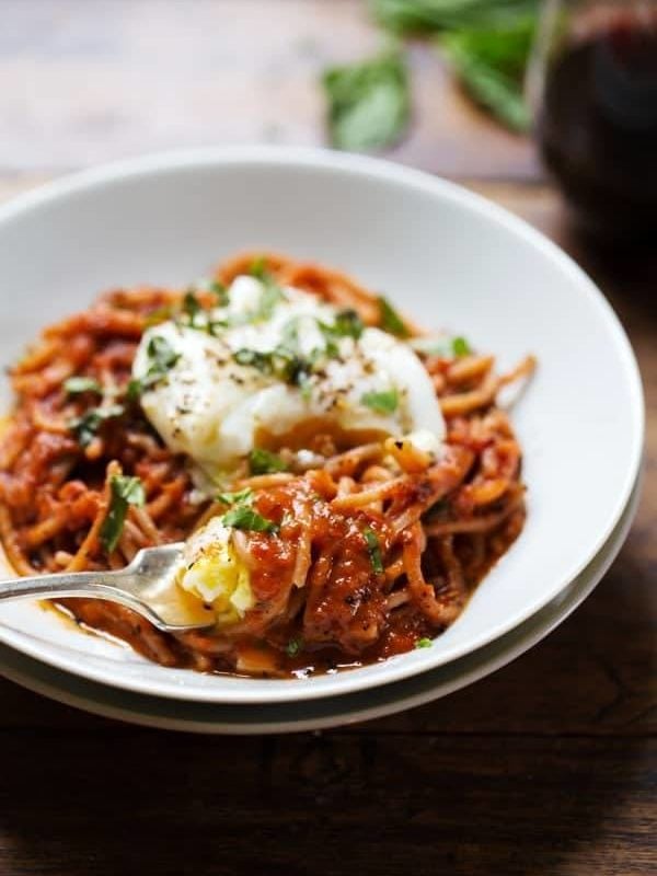 Spaghetti Marinara with Poached Eggs - this is my new thing. SO good! | pinchofyum.com