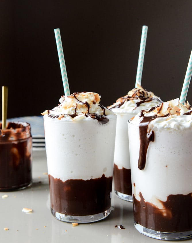 boozy coconut hot fudge milkshakes I howsweeteats.com