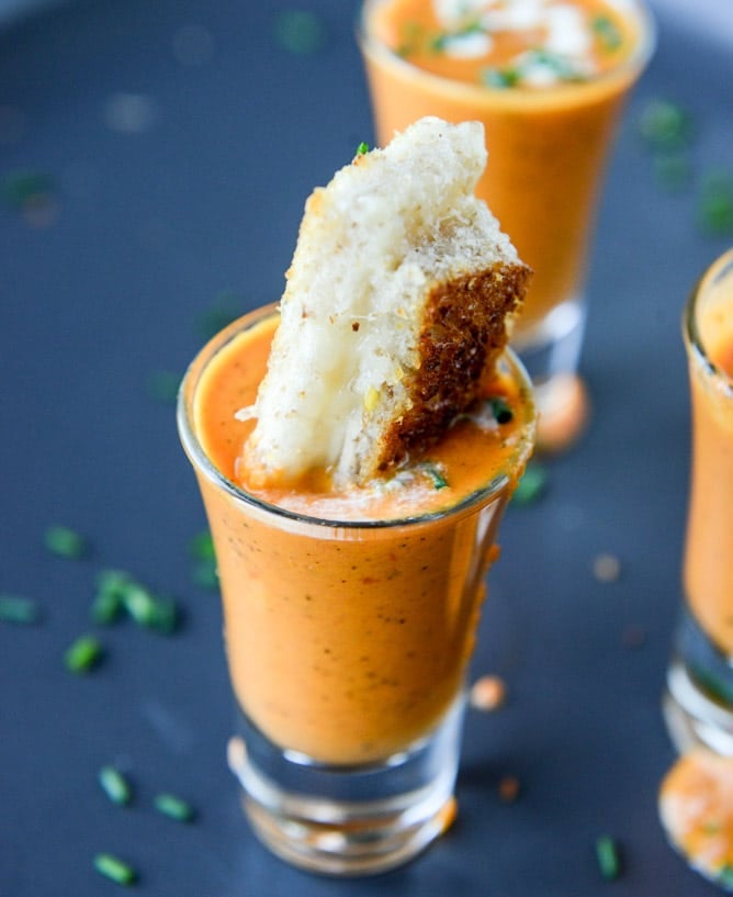 creamy tomato soup shooters with three cheese grilled cheese sticks I howsweeteats.com