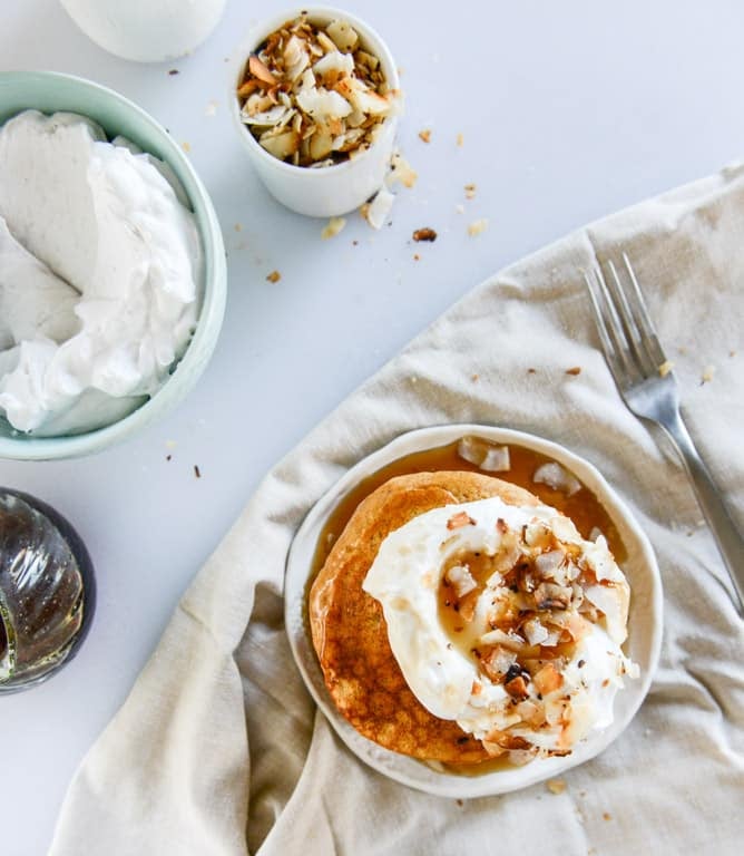 buttermilk sweet potato pancakes with coconut whipped cream I howsweeteats.com