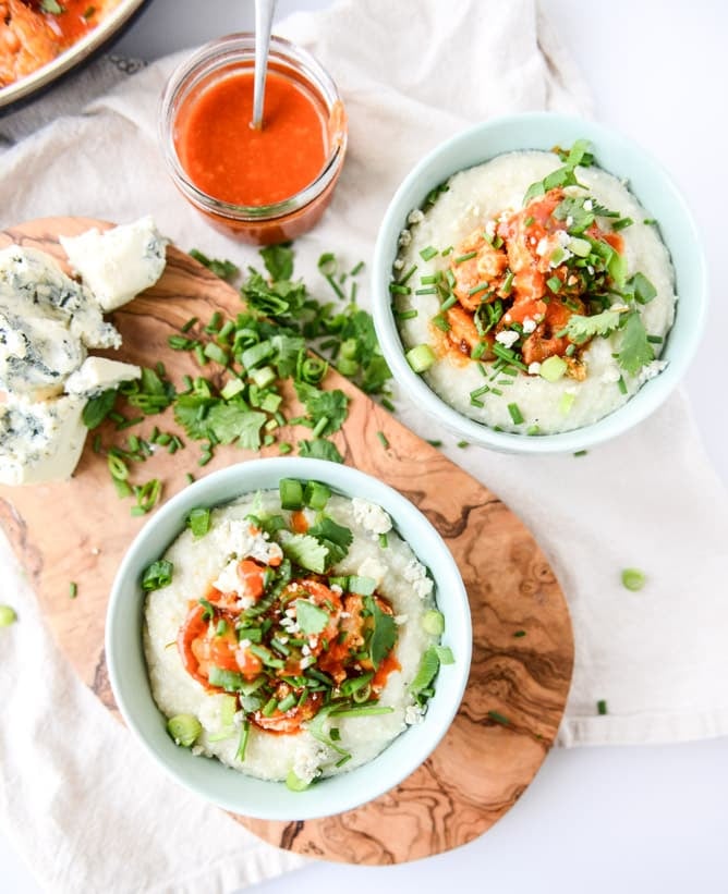 crispy buffalo wing shrimp with blue cheese grits I howsweeteats.com