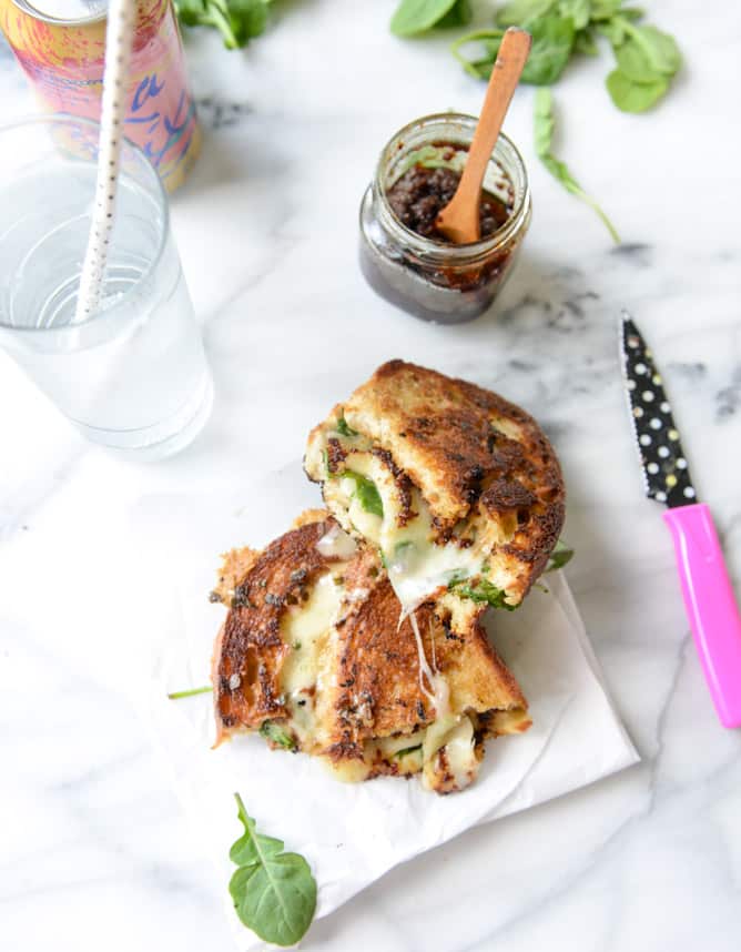 havarti and arugula grilled cheese with bacon jam and triple herb butter I howsweeteats.com