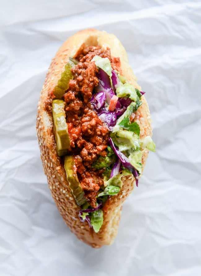 smoky sloppy joes with green chiles and greek yogurt slaw I howsweeteats.com