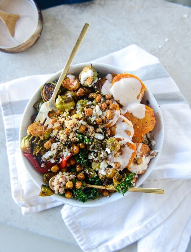 grain bowls with maple chipotle brussels and coconut roasted sweet potatoes I howsweeteats.com