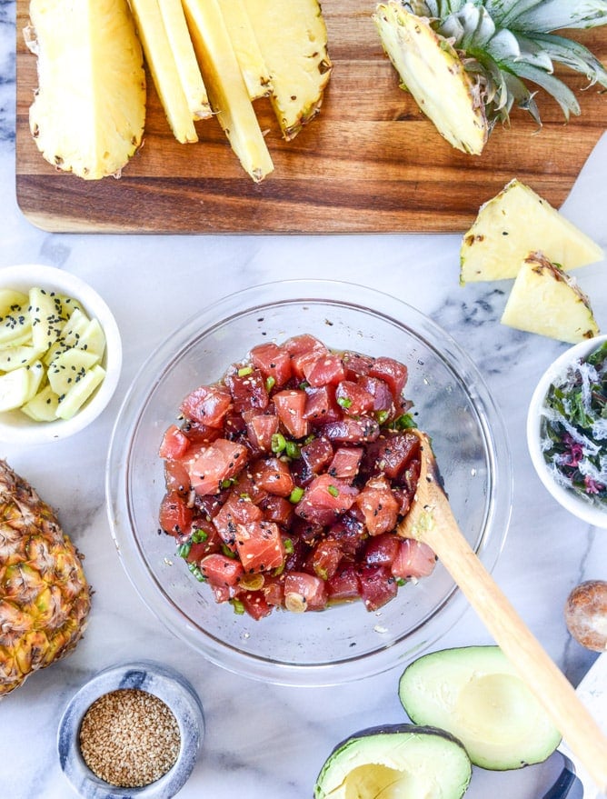 ahi poke bowl with avocado and pineapple I howsweeteats.com