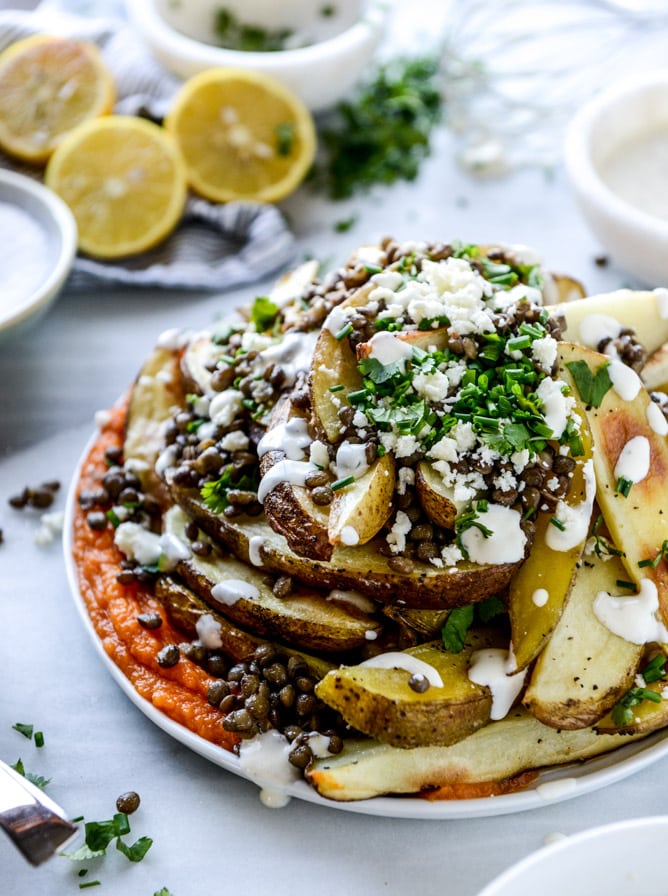 crispy roasted potato wedges with lentils, squash and goat cheese I howsweeteats.com