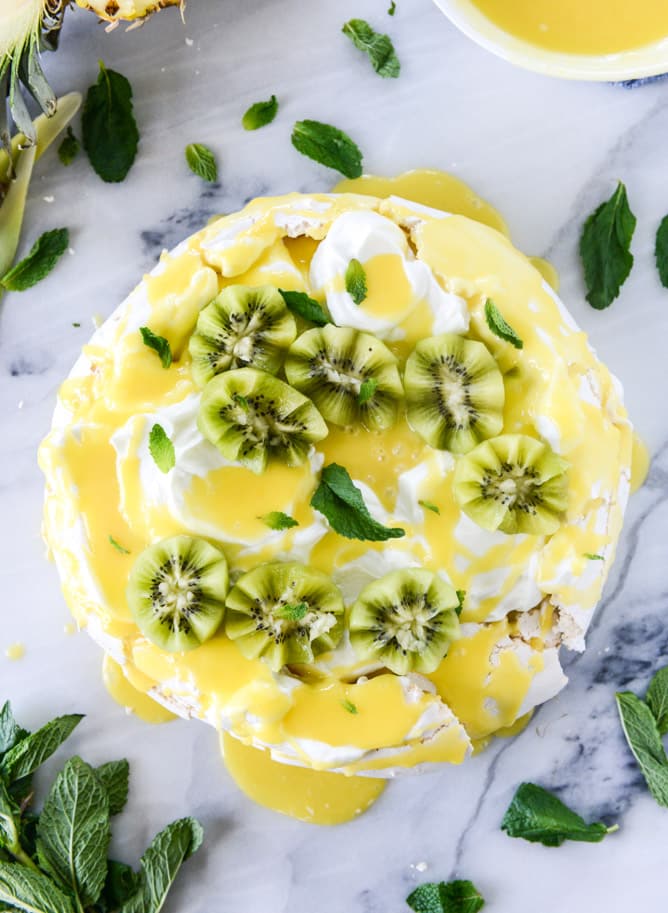 marshmallow pavlova with pineapple curd I howsweeteats.com
