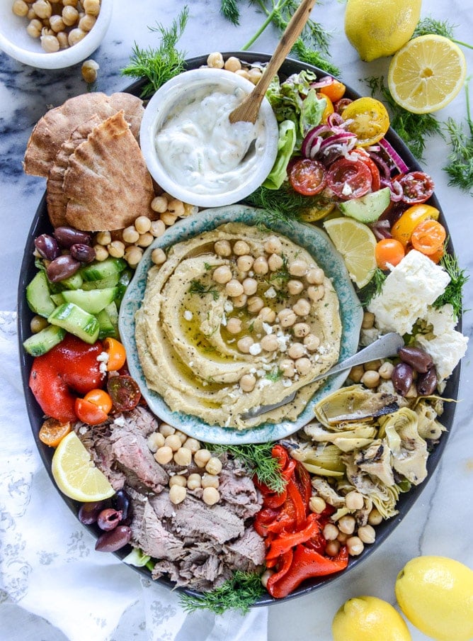 greek marinated flank steak and hummus platter I howsweeteats.com