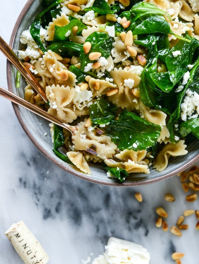 farfalle with marinated feta, arugula and toasted pine nuts I howsweeteats.com