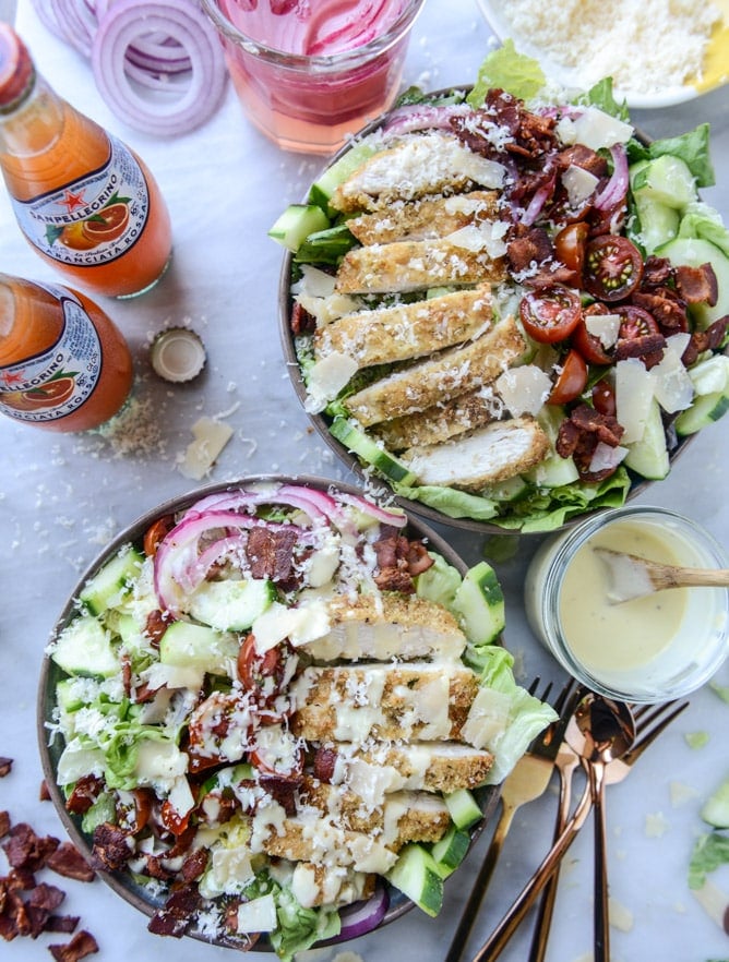 parmesan-crusted chicken salad with bacon and pickled onions I howsweeteats.com