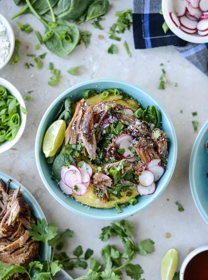 slow cooker maple chipotle pork with cheesy polenta I howsweeteats.com