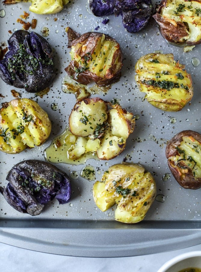 crispy buttered rosemary smashed potatoes with burrata I howsweeteats.com