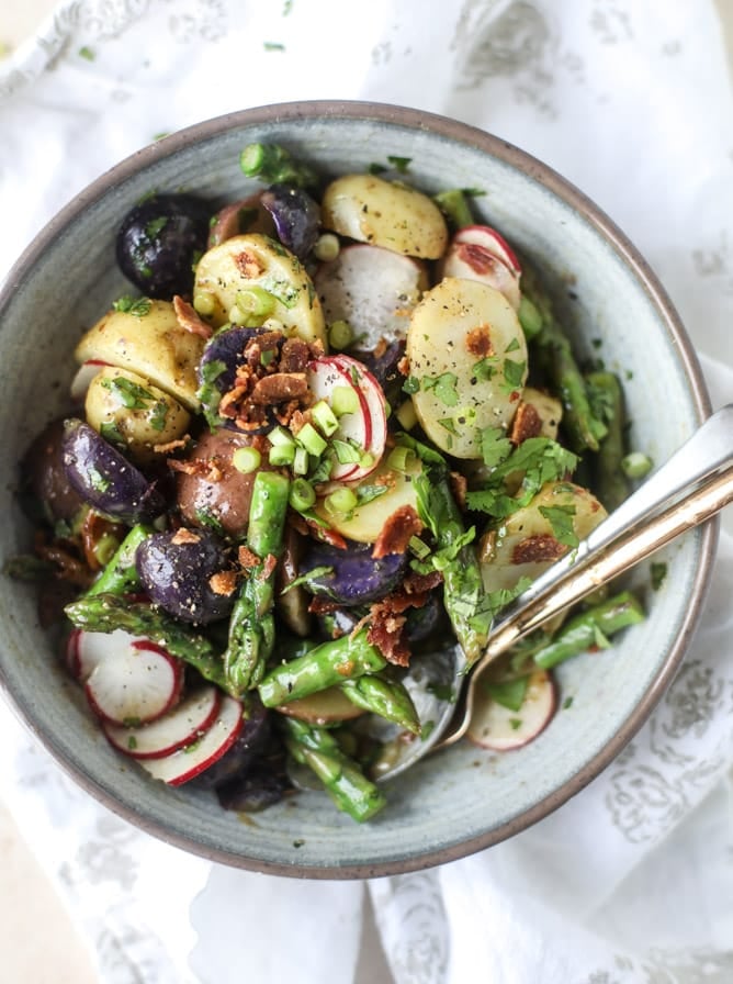 asparagus potato salad with hot bacon dressing I howsweeteats.com