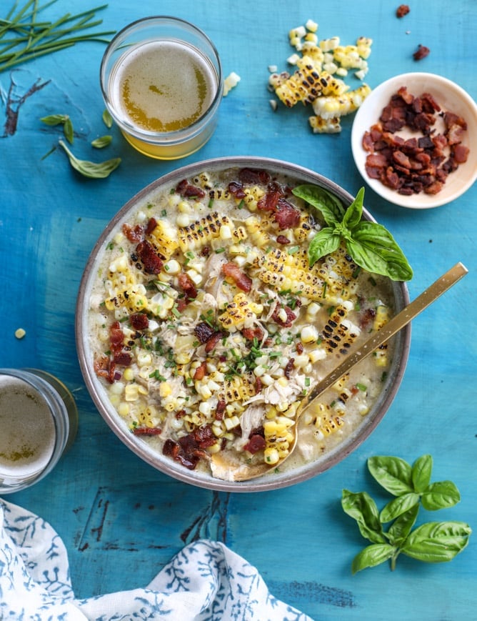 grilled corn, chicken and bacon chowder I howsweeteats.com