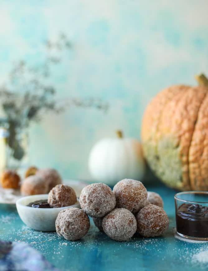pumpkin doughnut holes with hot fudge I howsweeteats.com