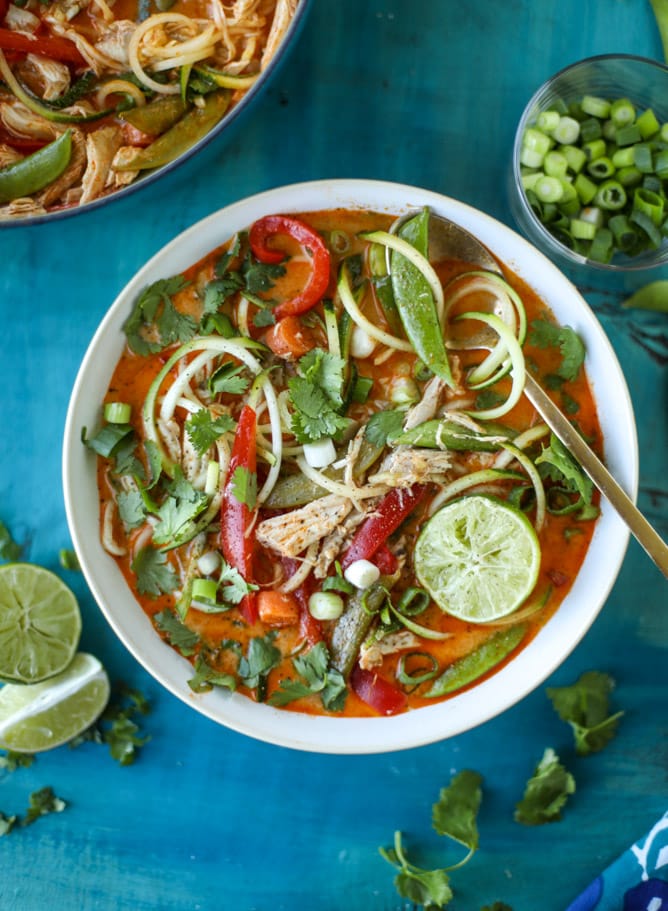 thai chicken zoodle soup I howsweeteats.com #chicken #soup #zoodles #zucchininoodles #coconutmilk 