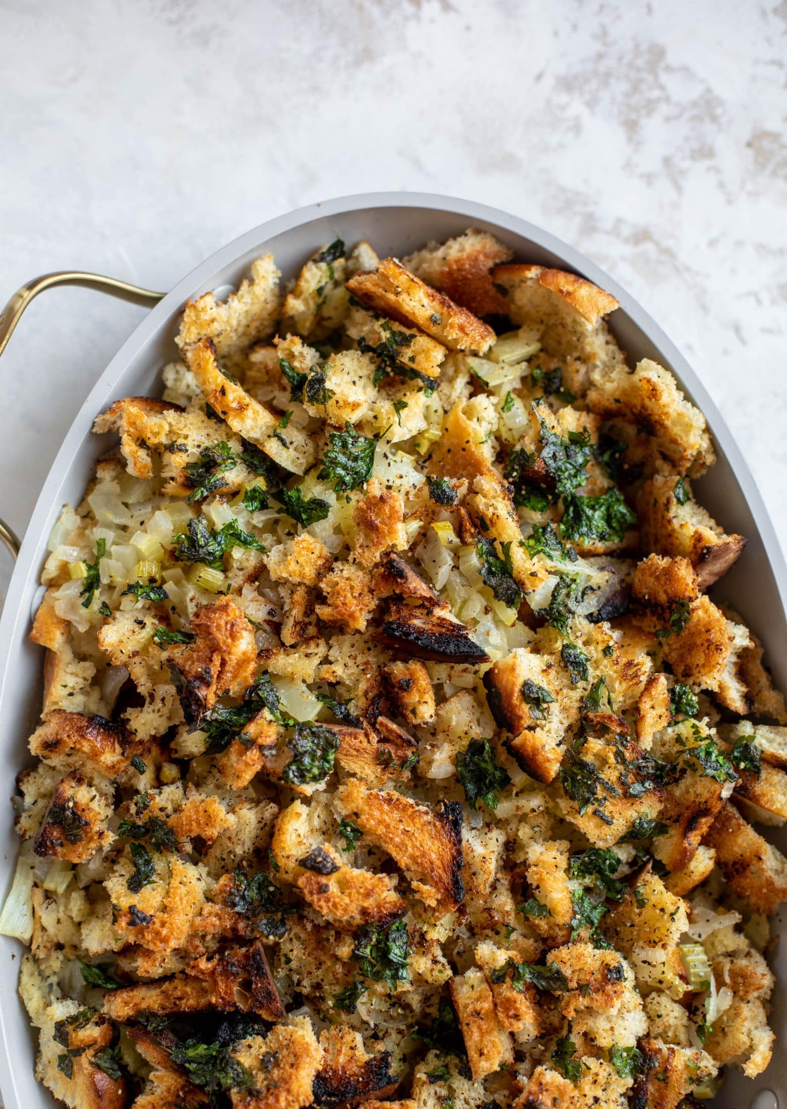 This grilled bread stuffing is a modern twist on the classic - deliciously traditional and flavored to perfection, made with grilled bread!