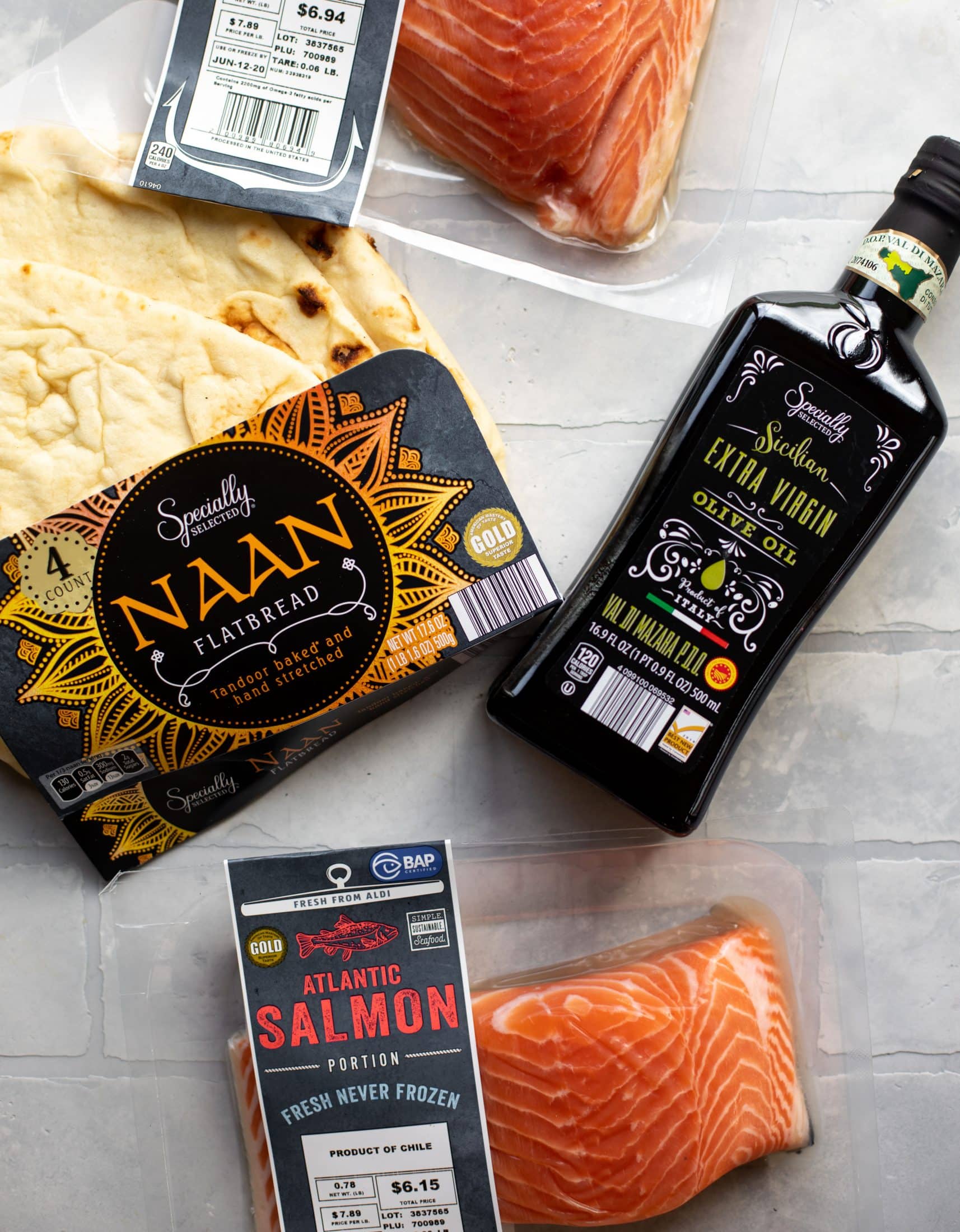 salmon, naan and olive oil from ALDI