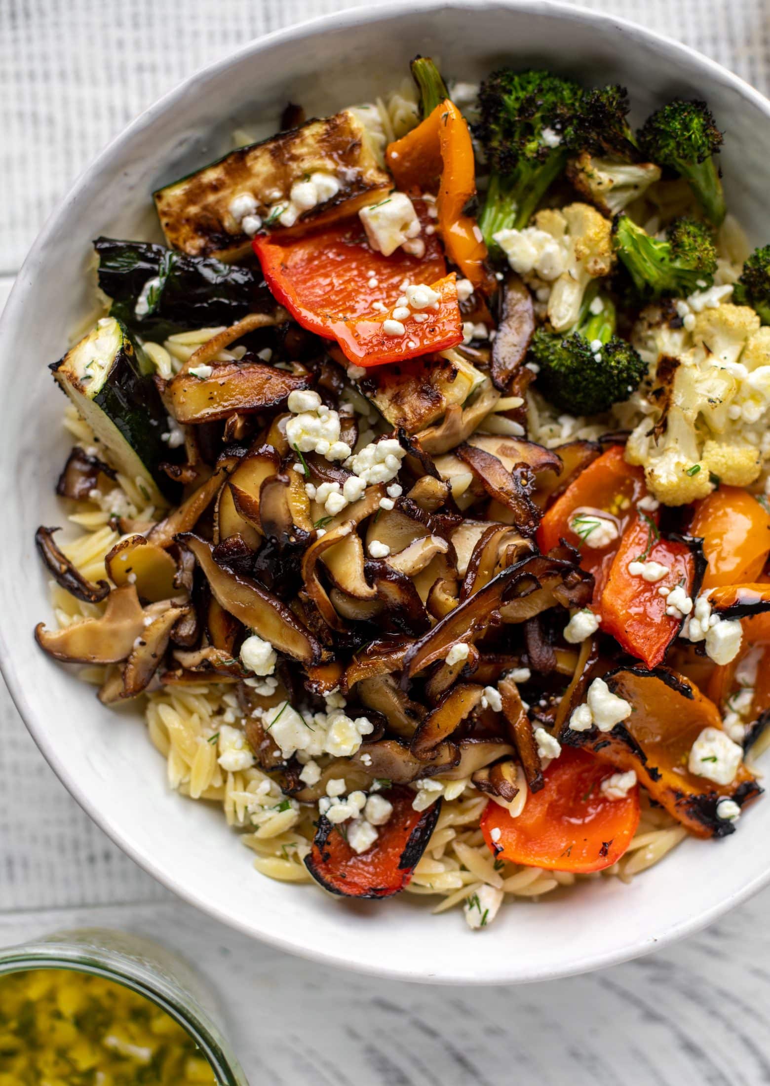grilled vegetable orzo with smashed feta vinaigrette