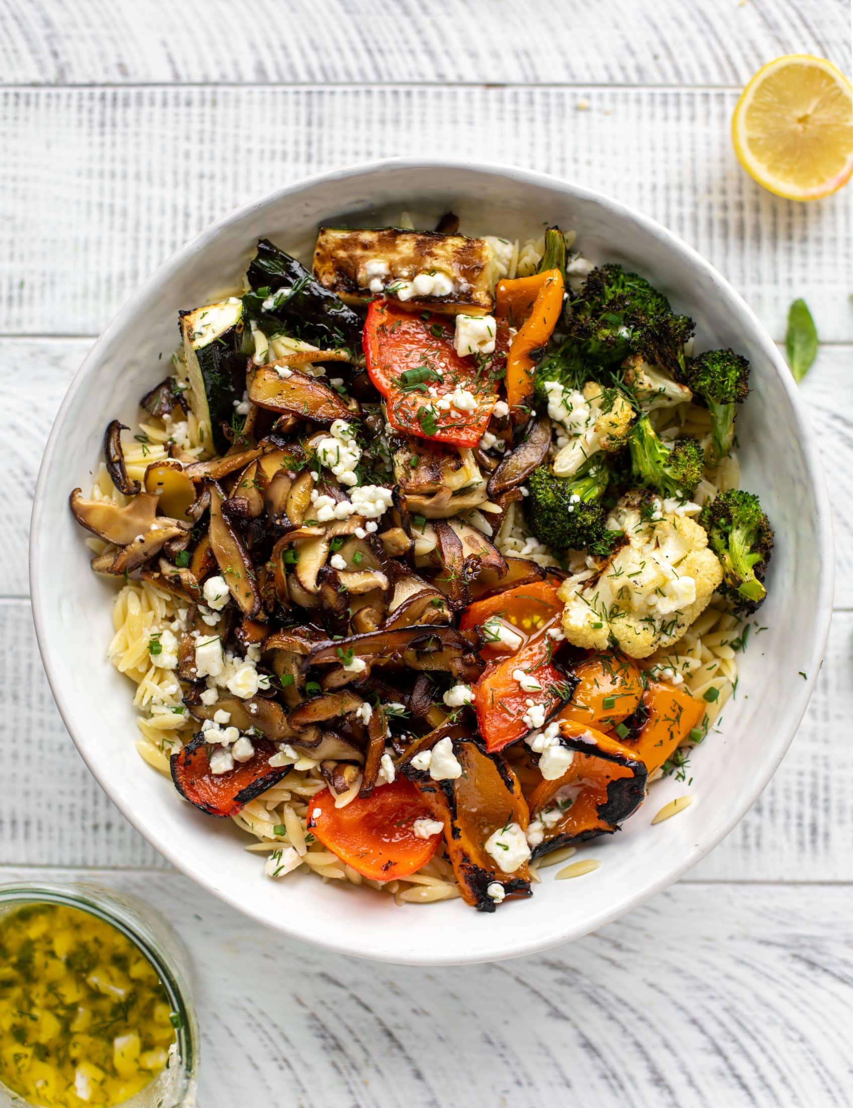 grilled vegetable orzo with smashed feta vinaigrette