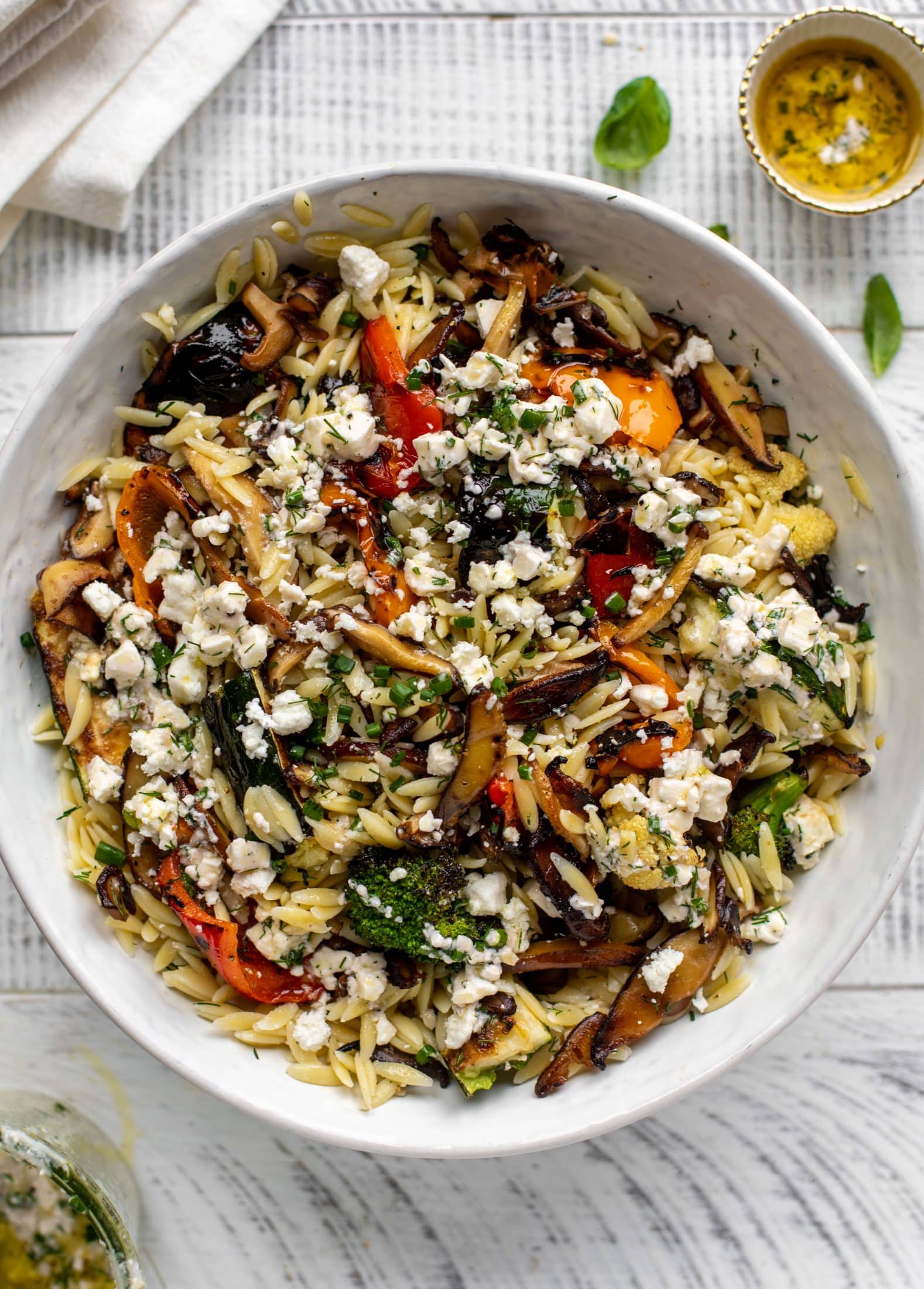 grilled vegetable orzo with smashed feta vinaigrette