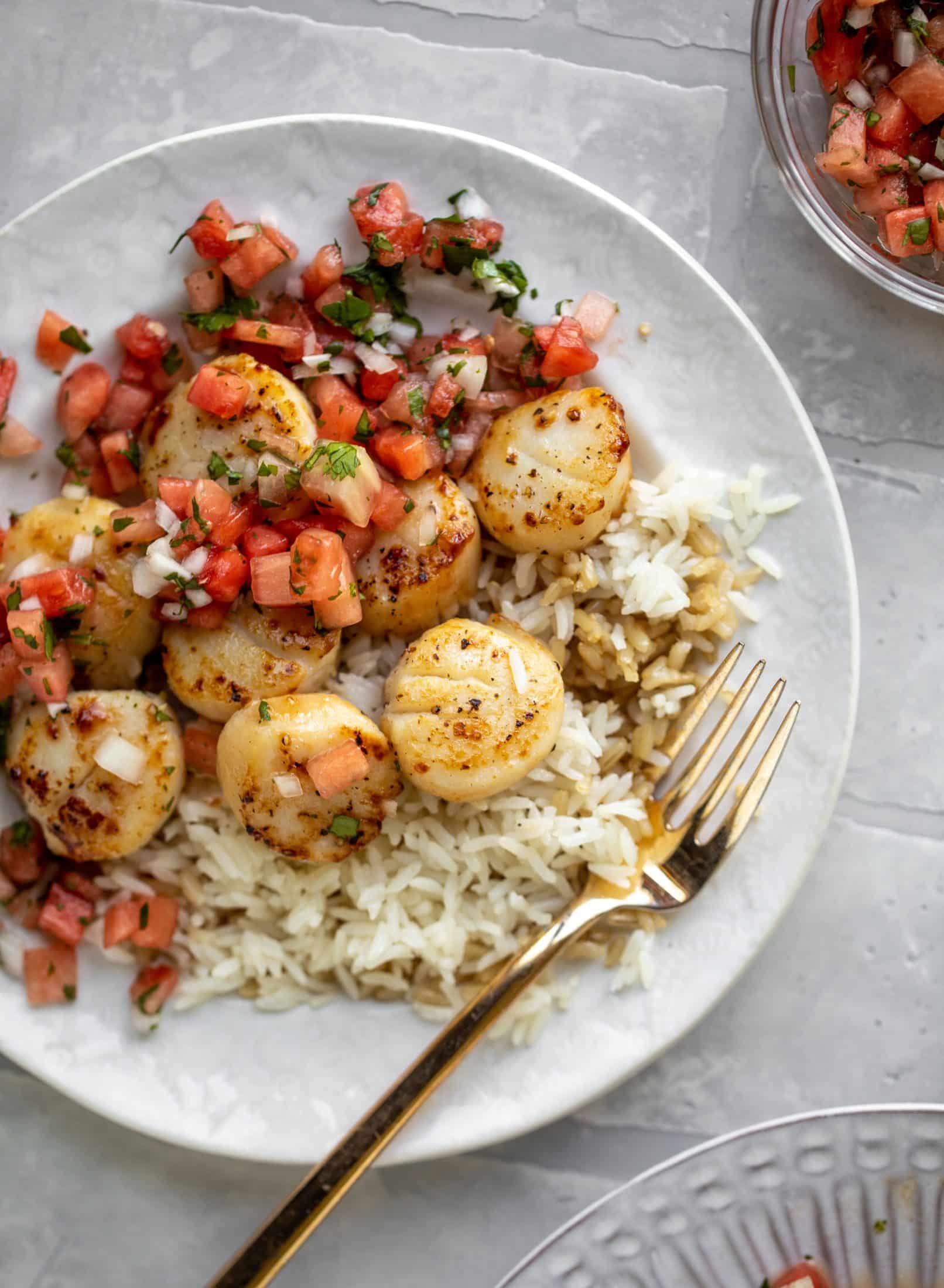 garlic butter scallops with watermelon salsa and rice