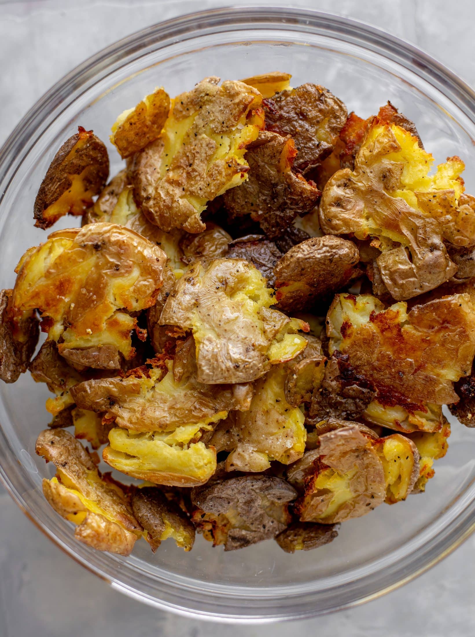 smashed potatoes in a bowl