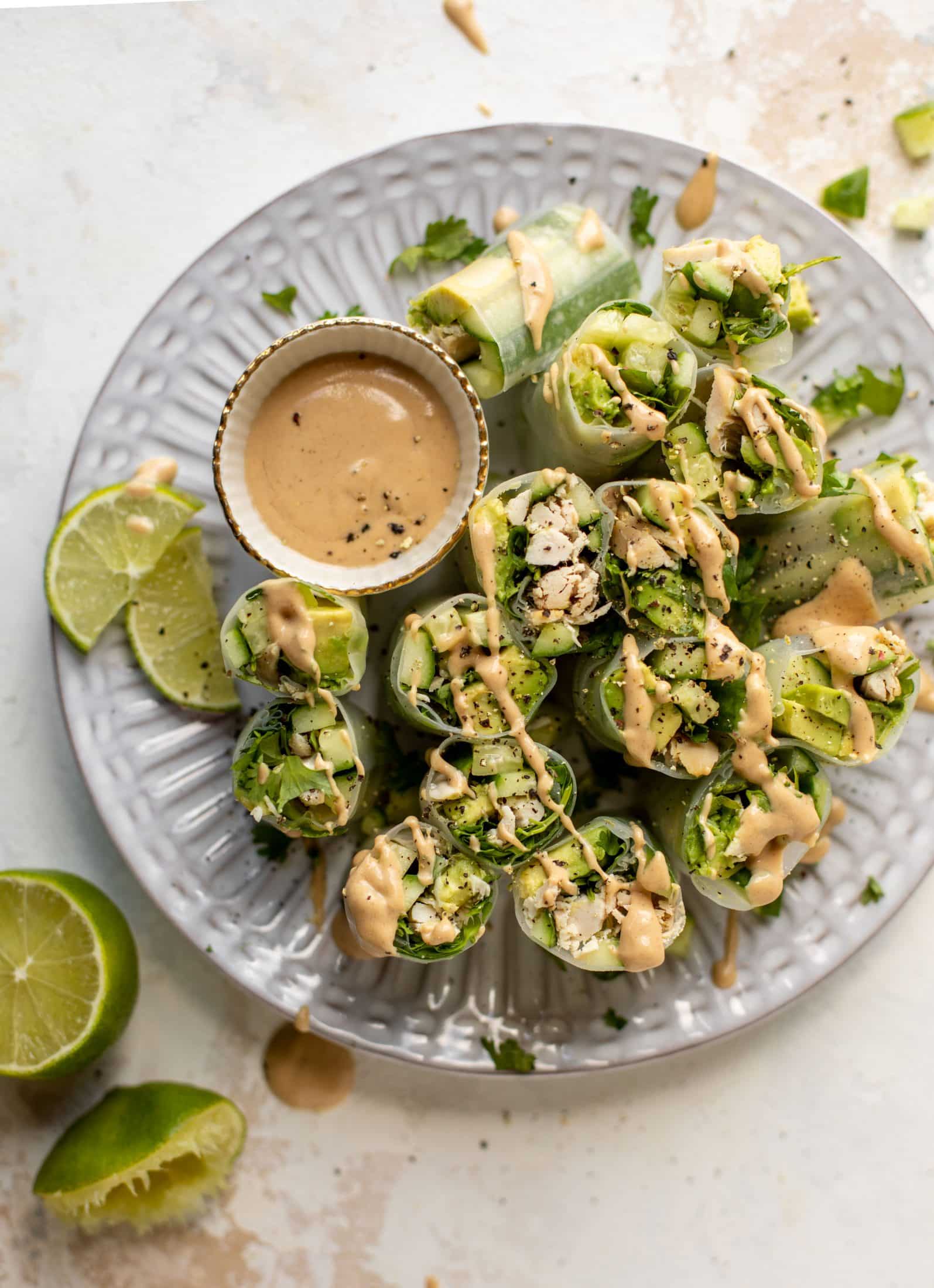 avocado summer rolls with peanut coconut dipping sauce