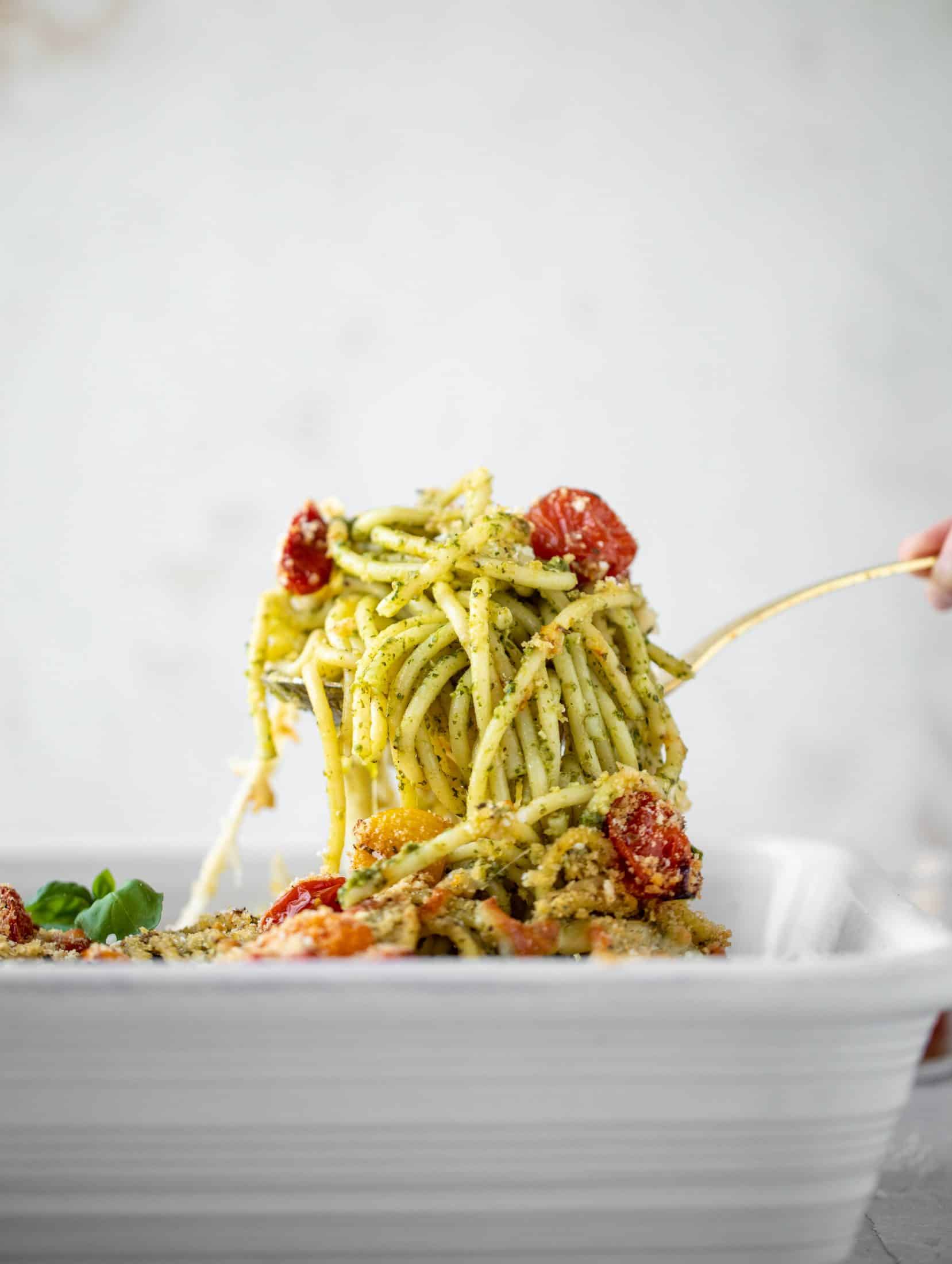 baked pesto pasta spoonful