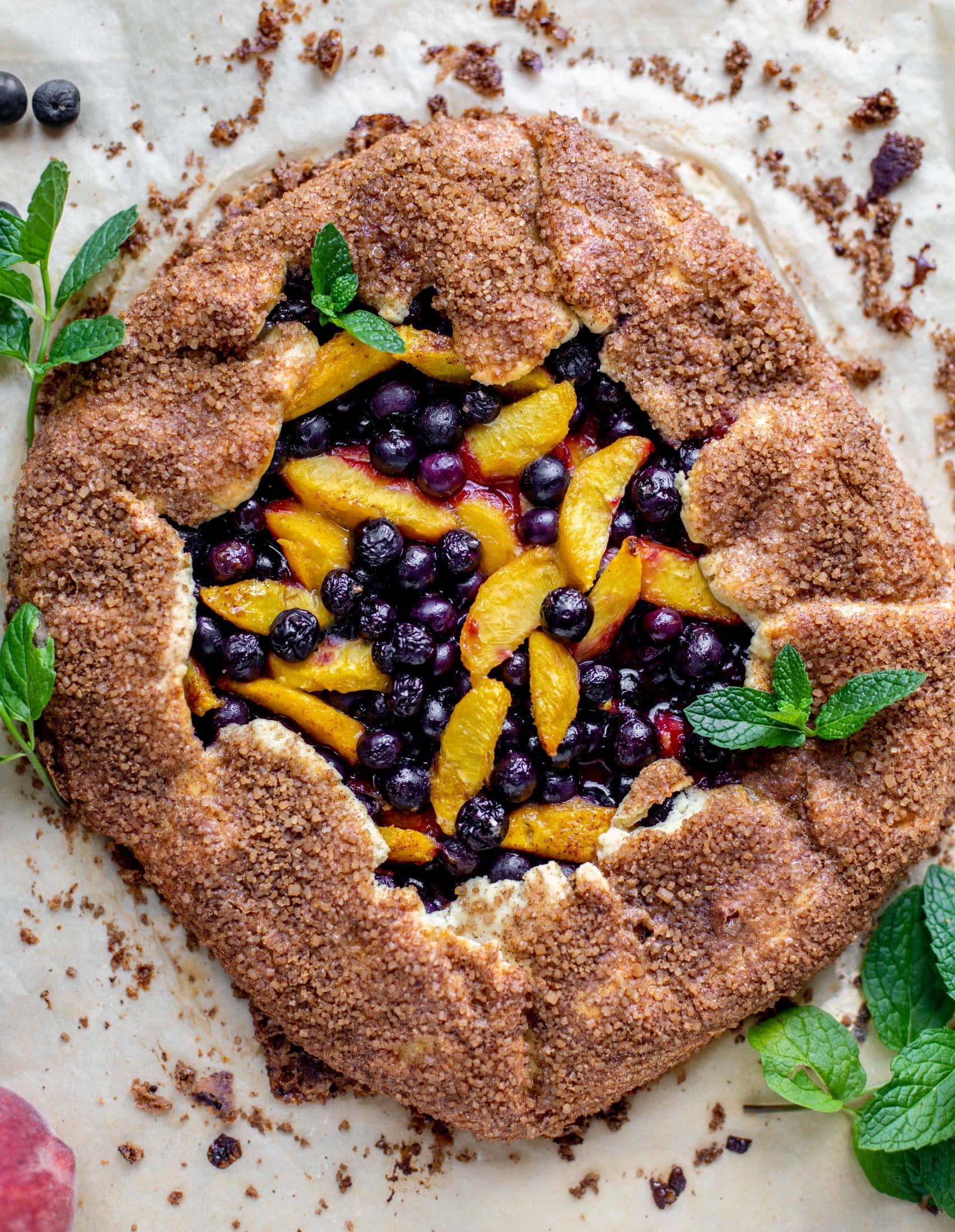 blueberry peach galette with cinnamon sugar galette