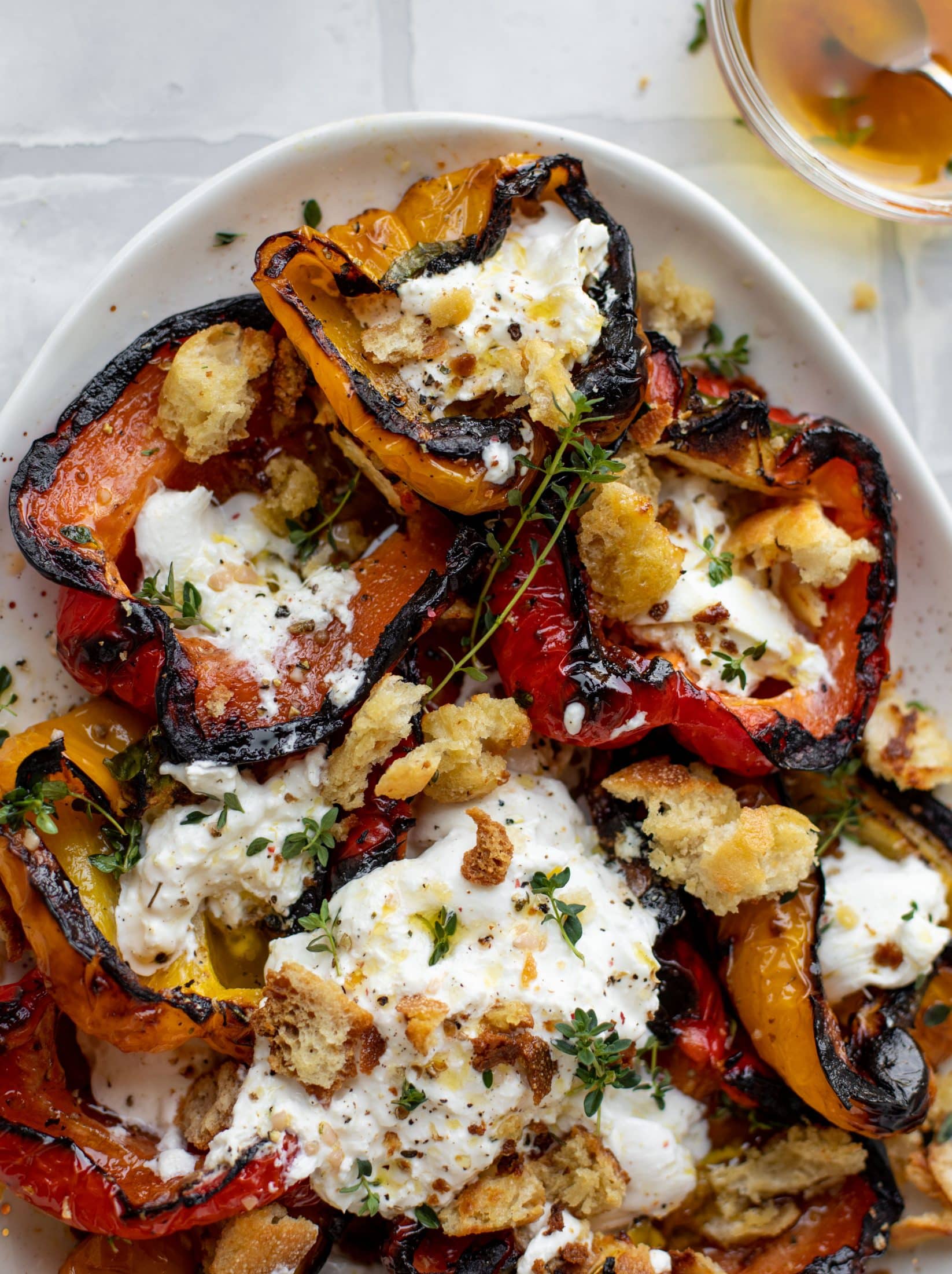 grilled peppers with burrata and sourdough breadcrumbs