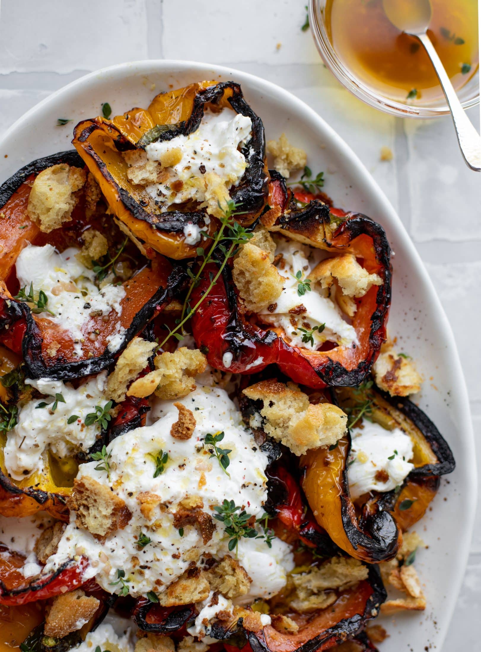 grilled peppers with burrata and sourdough breadcrumbs