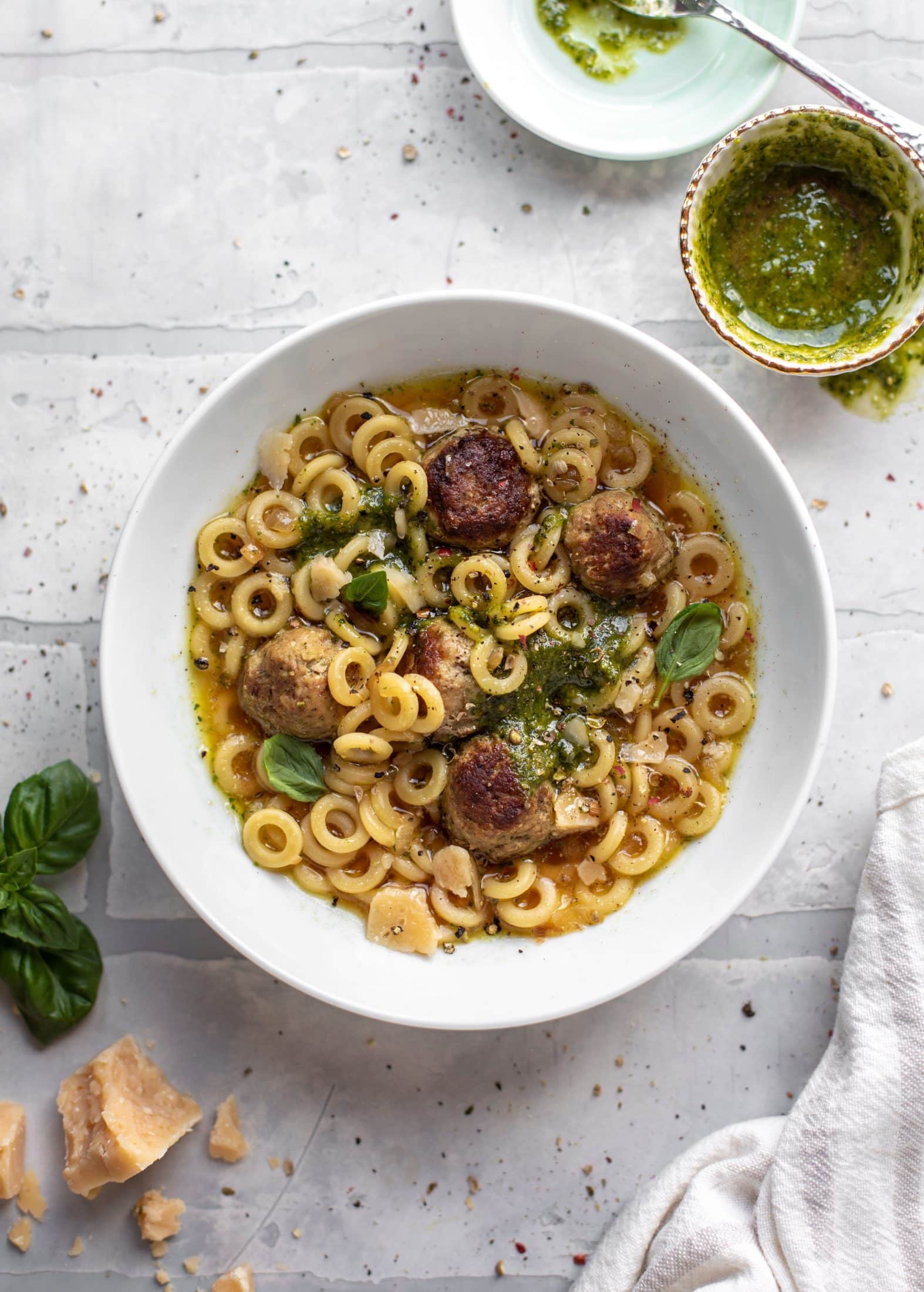 summer pesto mini meatball soup