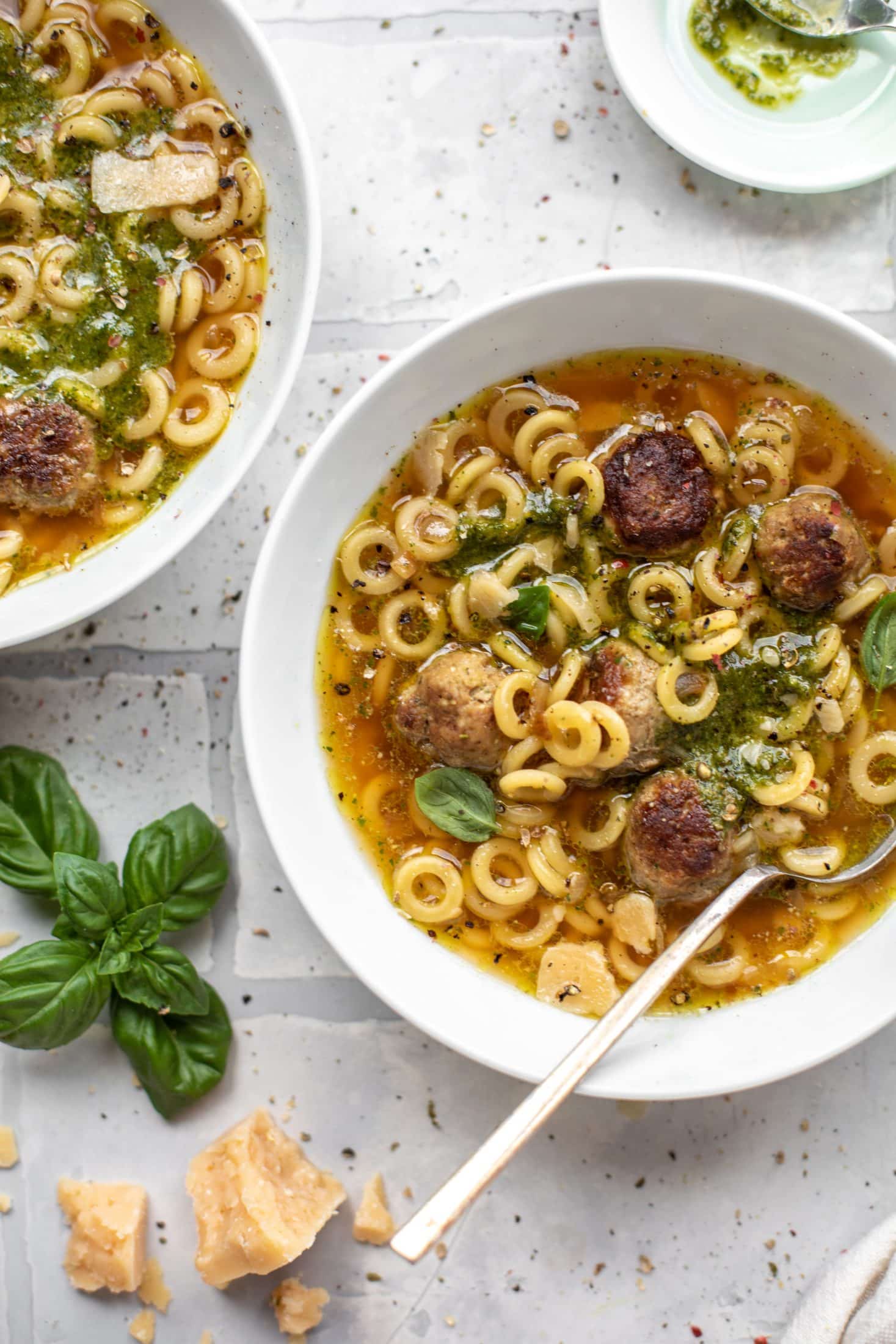 summer pesto mini meatball soup