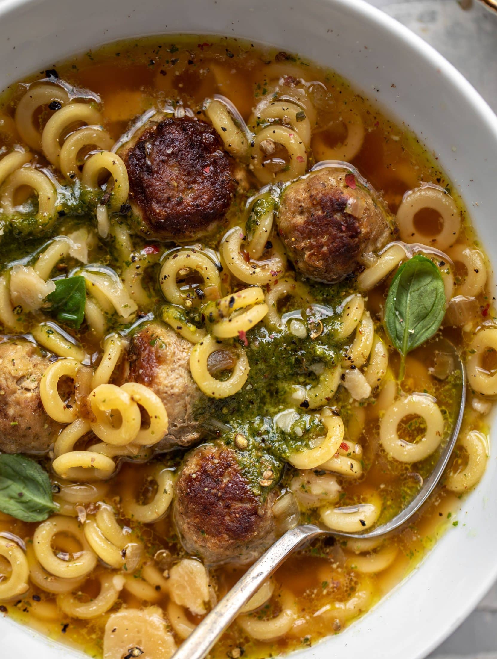up close summer pesto mini meatball soup