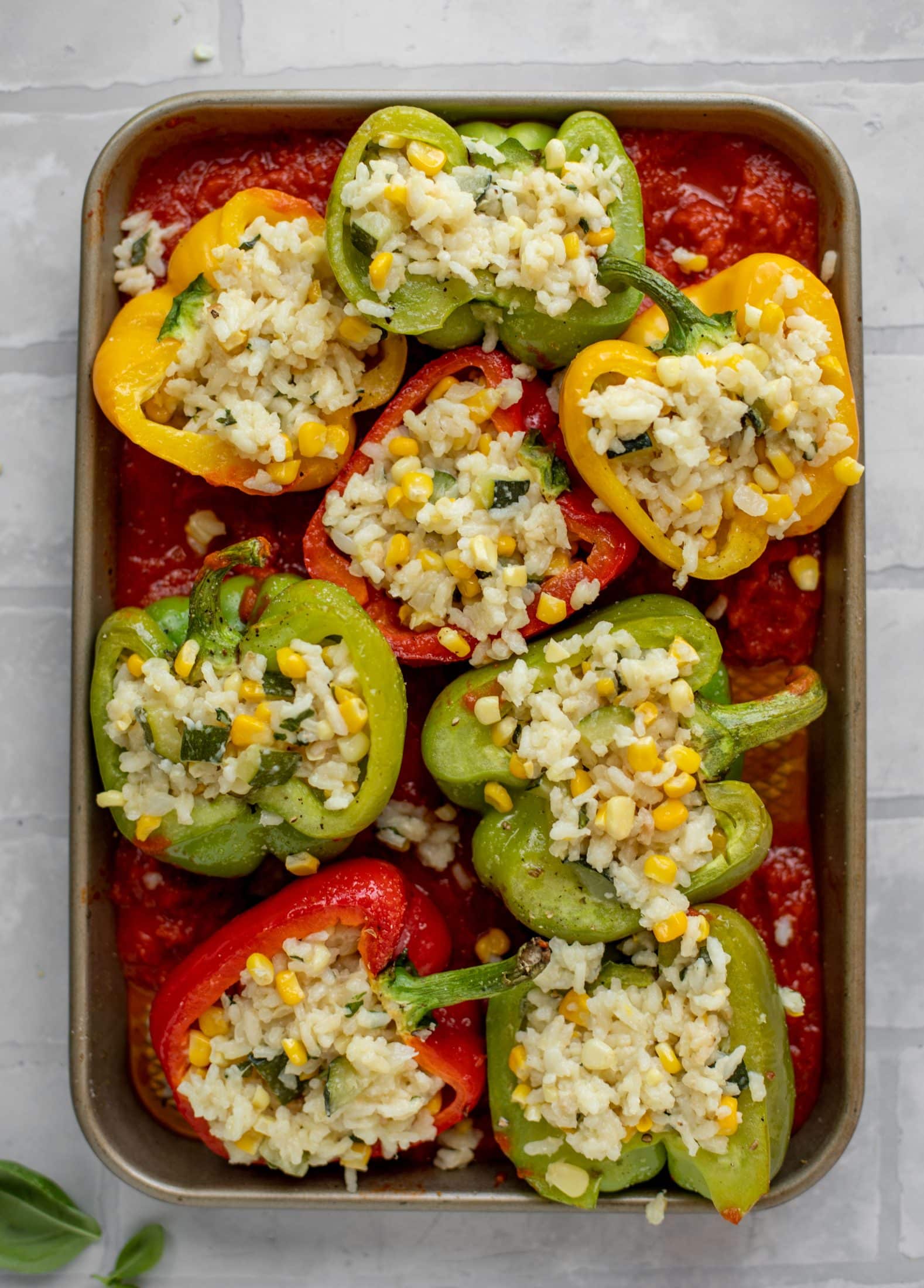 summer risotto stuffed peppers before baking