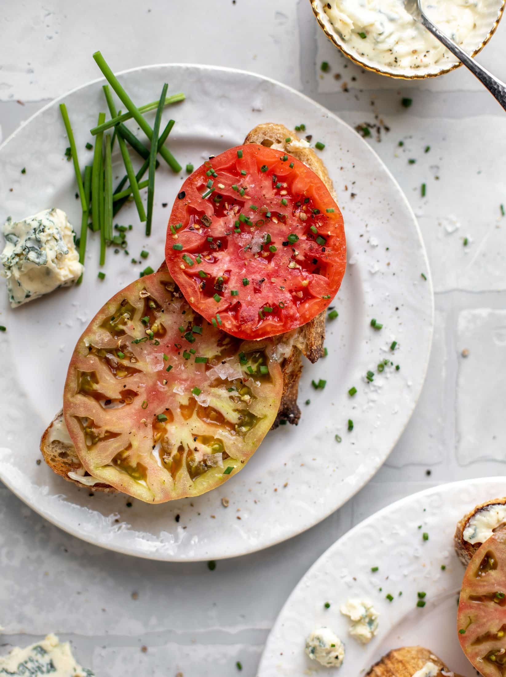 tomato toast with blue cheese mayo