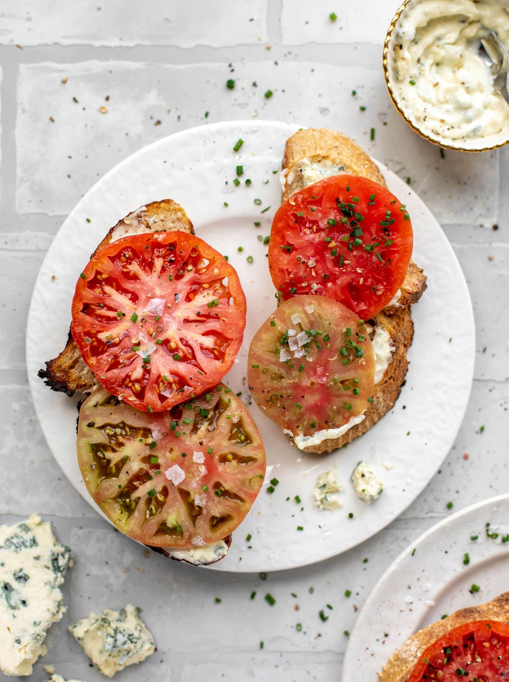 tomato toast with blue cheese mayo