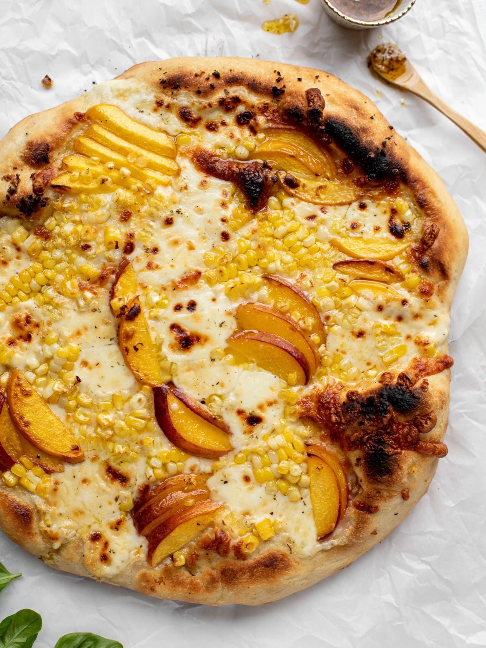 corn peach pizza off the grill