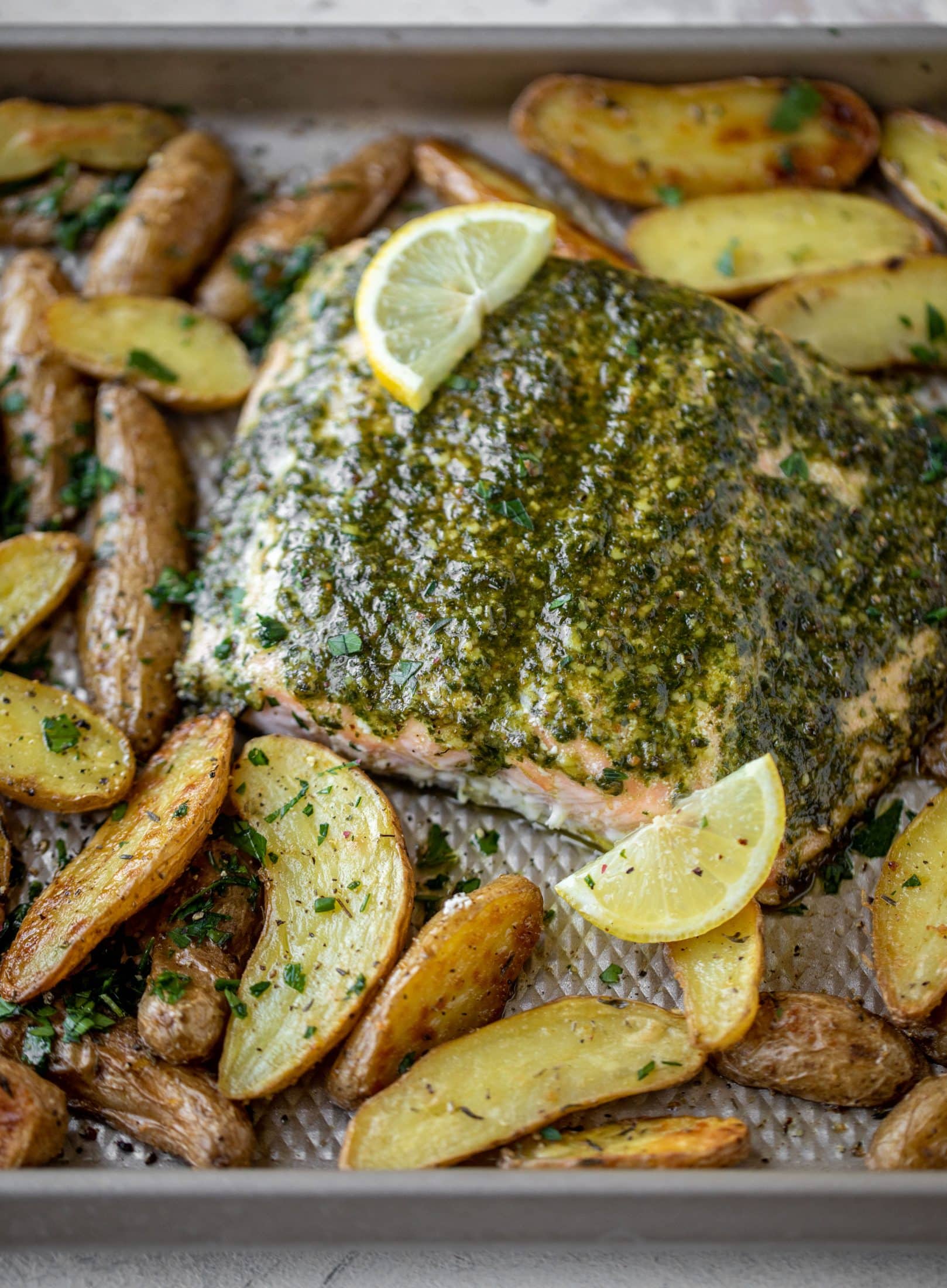 sheet pan pesto salmon with lemon thyme potatoes