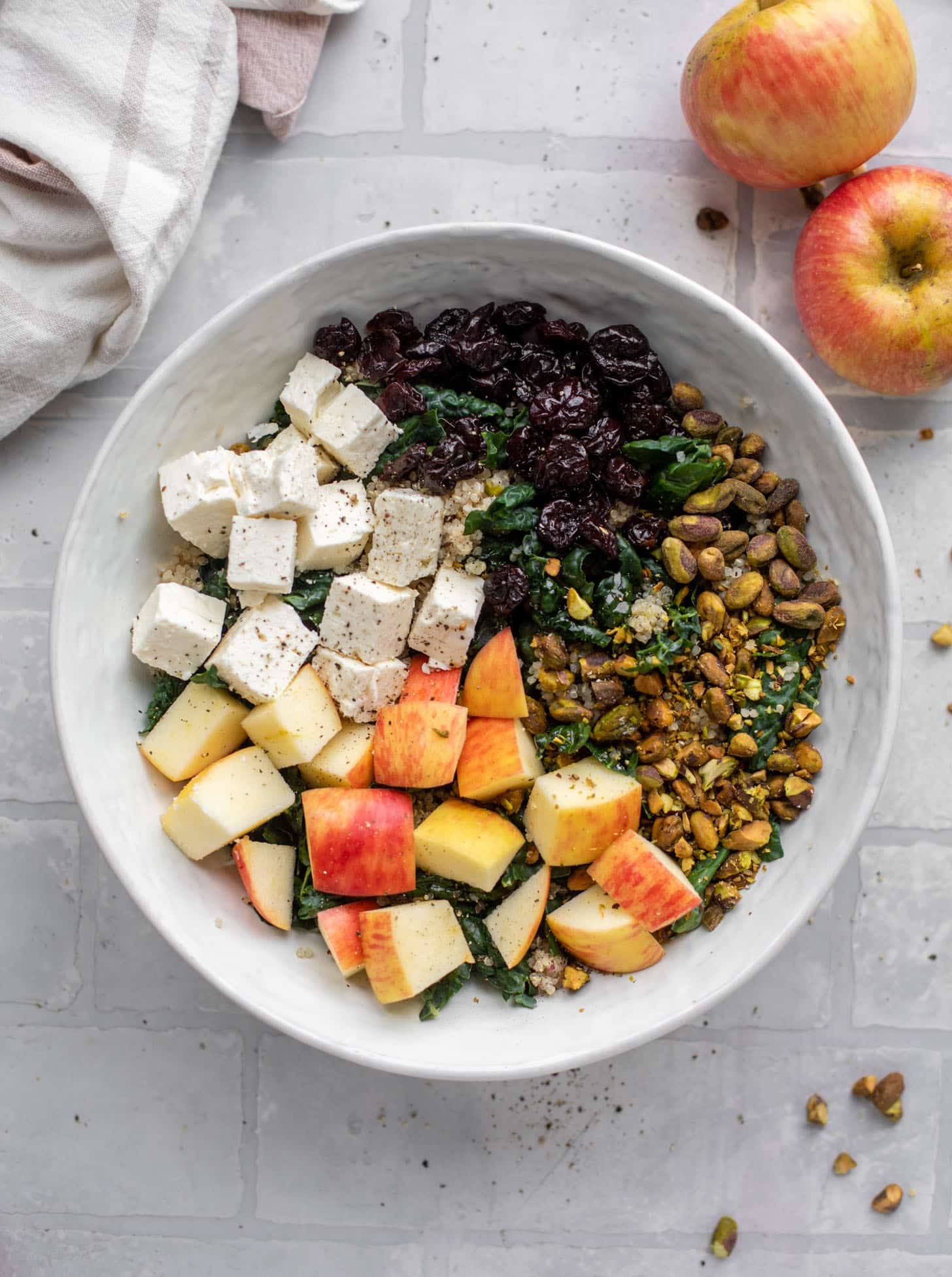 honeycrisp quinoa salad with kale and pistachios