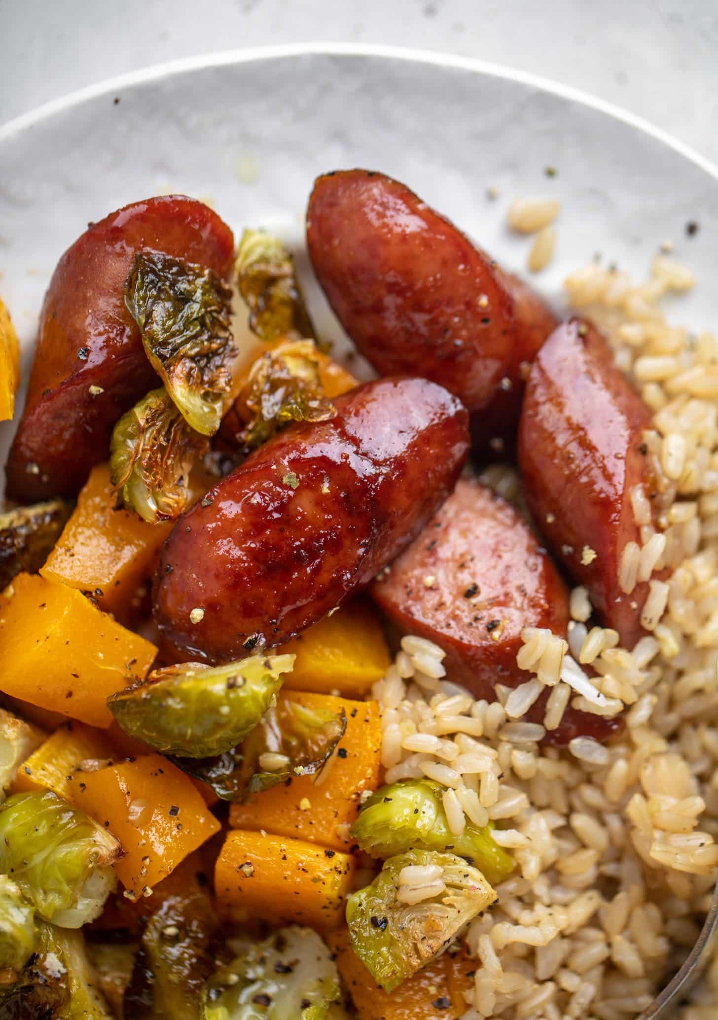 maple sheet pan smoked turkey sausage with butternut squash and brussels sprouts