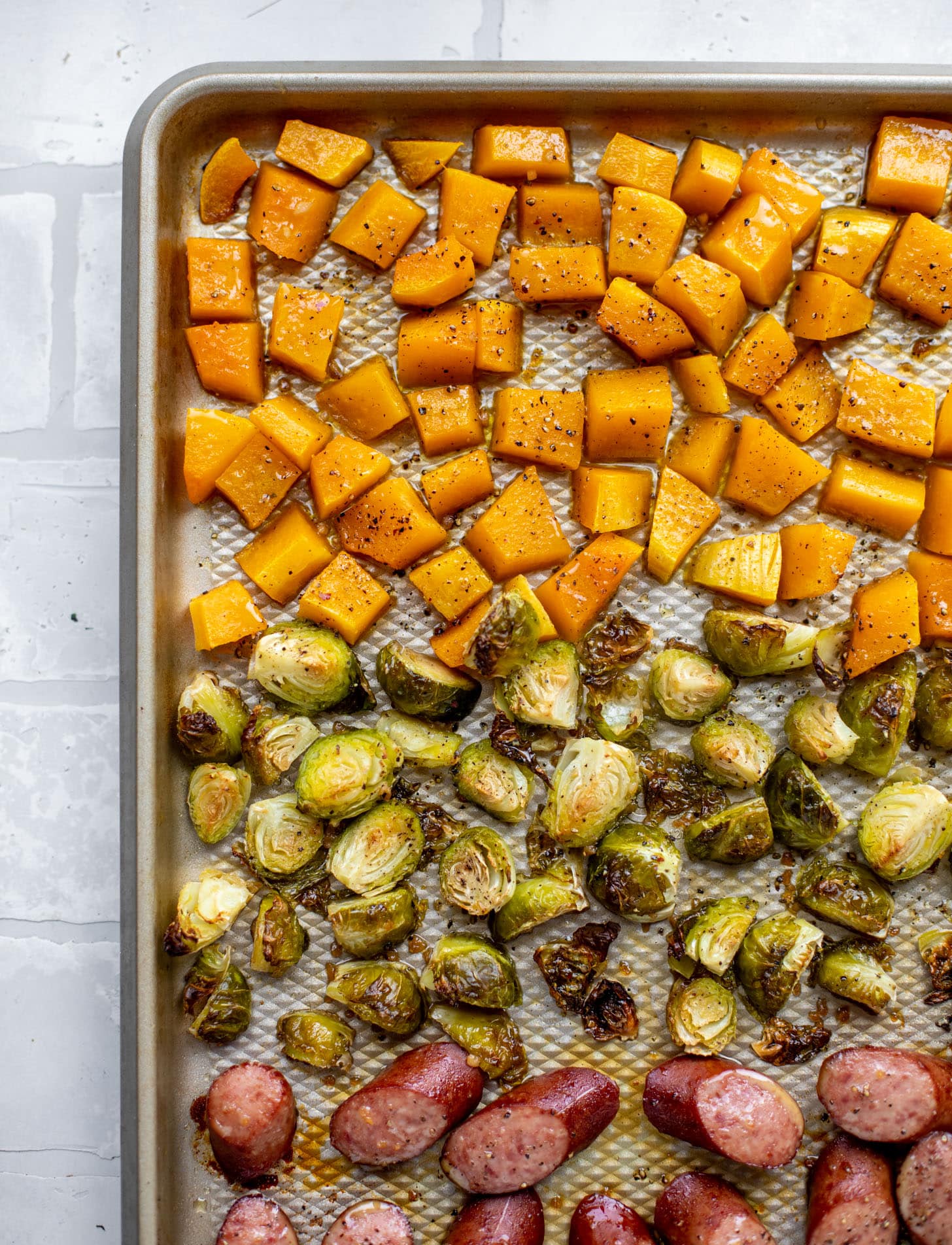 maple sheet pan smoked turkey sausage with butternut squash and brussels sprouts