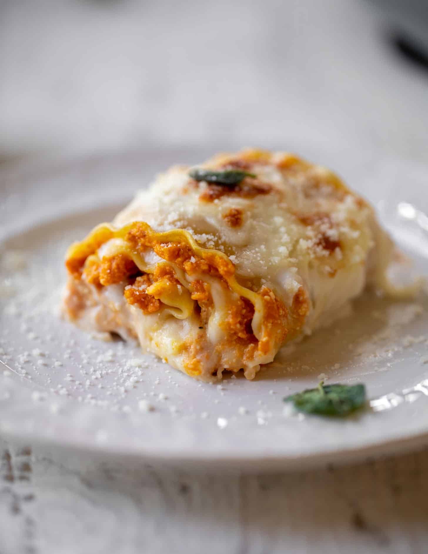 pumpkin lasagna roll ups with crispy sage