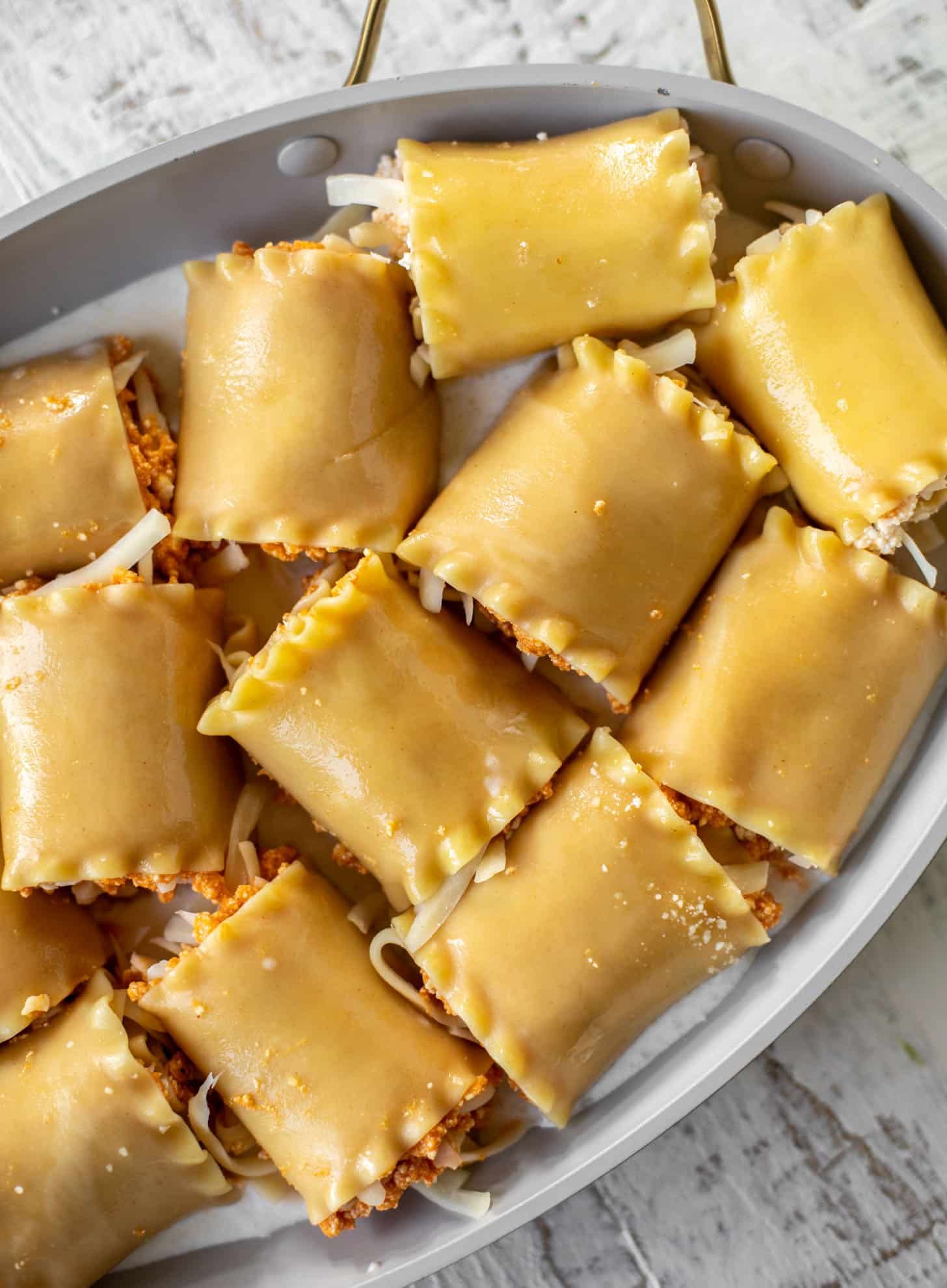 pumpkin lasagna roll ups ready for the oven