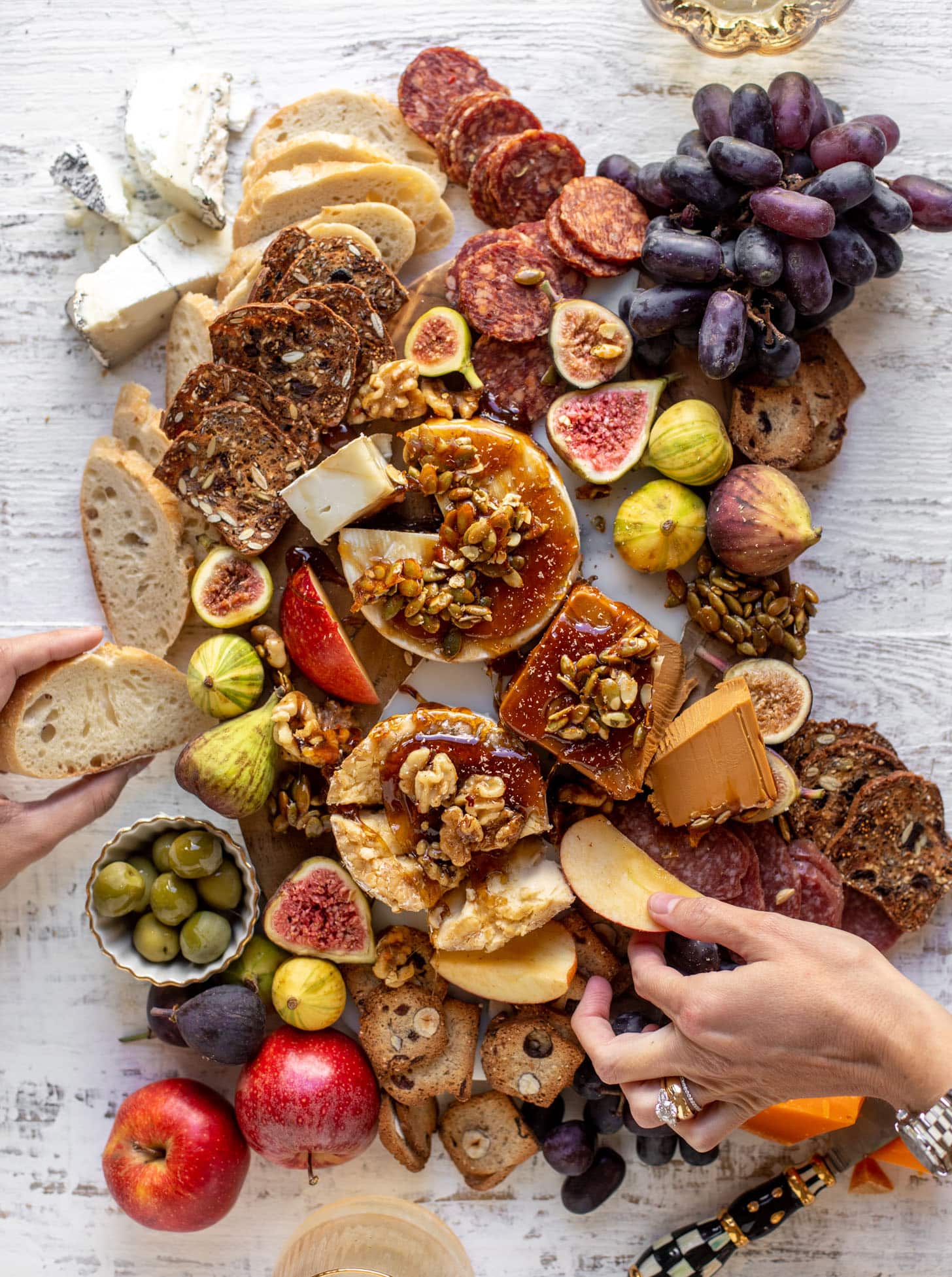 autumn cheese board with bourbon crackling caramel and honey roasted pepitas